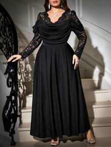 SHEIN Clasi Váy dự tiệc ren chắp vá thanh lịch cỡ lớn - màu đen - Xem 12