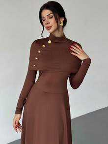 Firerie Váy trơn màu thanh lịch dành cho nữ có cổ đứng - màu nâu - Xem 3