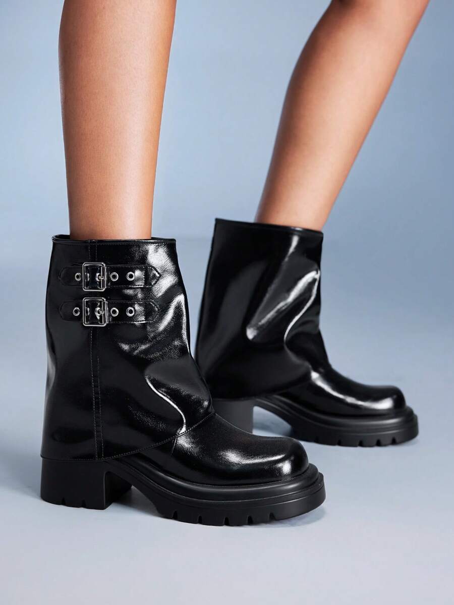 CUCCOO GRLICON Giày bốt cao gót đế dày thiết kế khóa sáng bóng dành cho nữ, phù hợp cho trang phục Giáng sinh, Lễ Tạ ơn, Tiệc tùng, Năm mới - màu đen - Xem 1