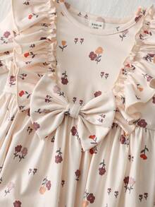 Loomiva Baby Girl Floral Print Round Neck Ruffle Trim Waist Jumpsuit - Multicolor - View 3