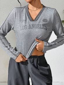 Modelyn Women's Casual Sporty Contrast Trim Long Sleeve Top Grey Top - Light Grey - View 4