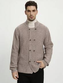 Męski, jednokolorowy, elegancki, dwurzędowy kardigan z długim rękawem, jesień/zima - Morela - Zobacz 6