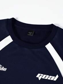 Manfinity Roghcode Men's Contrast Color Print Crew Neck Long Sleeve Pullover Sweatshirt 90s Sporty Sweater Men Racing Sweatshirt Long Sleeve Jersey Sweatshirt - Navy Blue - View 5