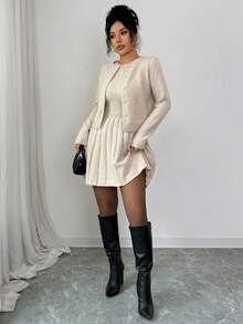 Elenzga 女士灰色时尚连衣裙和开衫毛衣两件套 - 杏色 - 查看 5