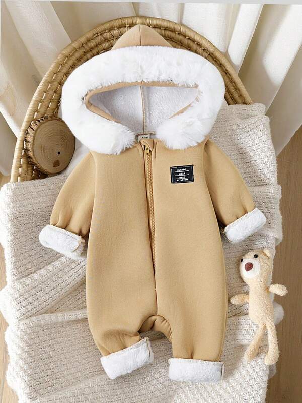 SHEIN Baby Boy Khaki Casual Style Solid Color Loose Hooded Zip-Up Jumpsuit, Suitable For Outings, Leisure At Home, Outdoor Sports, And Holiday Parties