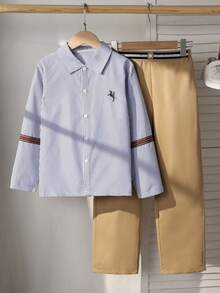 SHEIN 2pcs Tween Boy Gentleman Set: Striped Long Sleeve Shirt + Trousers, Elegant Outfit For Valentine's Day, Birthday Party, Formal Event, Wedding, Wedding Guest, Pageboy, Ring Bearer Boys Striped Shirt Kids Fashion,توكسيدو,رمضان Boys Casual Wear Shirts For Boys Boys Apparel Striped Shirts - Blue - View 3