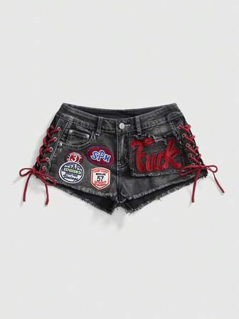 ROMWE Avant Damen Y2K Retro Jersey Sport Ballett Stil Grafik Logo bestickte Kordelzug Taille Sexy Mini Denim Shorts