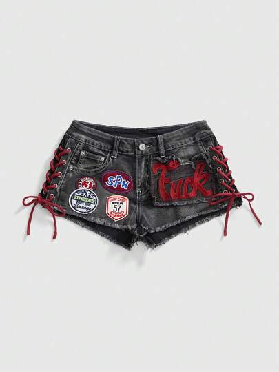 ROMWE Avant Short en jean sexy mini taille basse avec cordon de serrage, style graphique de logo brodé, style de ballet sportif rétro Y2K pour femmes