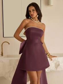 Vowa Elegante e lussuoso abito da cerimonia da sposa con fiocco oversize glamour e colletto con perle, adatto per matrimoni, addii al nubilato, vacanze e gala - colore granata - Visualizzare 4