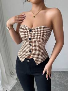 Elenzga 修身千鸟格前扣吊带背心 - 咖啡棕 - 查看 5