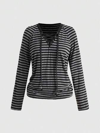 Grunge Punk Y2K Punk V-Neck Drawstring Design Raglan Sleeve Women's Striped T-Shirt