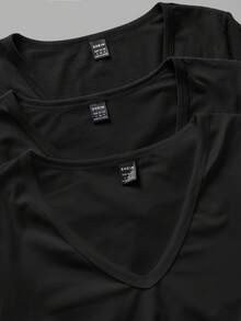 SHEIN EZwear Bộ 3 áo thun dài tay bó sát cổ chữ V sâu cho nữ, màu đen - màu đen - Xem 11