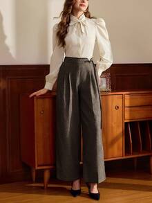 Vintamour Quần dài nữ thanh lịch cổ điển, quần dài ôm sát viền tương phản, quần dài cài nút màu nâu, mùa thu/đông - Cà phê nâu - Xem 6