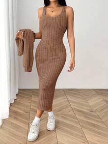 SHEIN EZwear Women's New Autumn Ribbed Knit Drop Shoulder Button Front Jacket And Bodycon Mid-Length Dress Set Knit Two Piece Set Brown Sweater Brown Two Piece Set Women Comfortable Two Piece Set - Camel - View 6