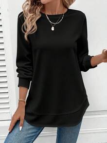 SHEIN LUNE 女式纯色简约圆领长袖运动衫，休闲日常穿着 - 黑色 - 查看 4