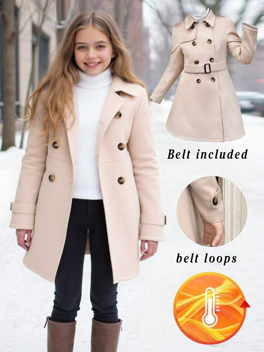 SHEIN Serisse Kids Tween Girls Brown Classic Lapel Double-Breasted Cinched Waist Mid-Length Overcoat,Cute & Vintage Preppy Style For Autumn School Back-To-School Winter - Khaki - View 1