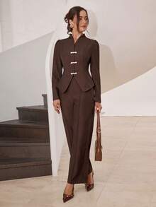 Modelyn 女士长袖衬衫和裤子优雅两件套 - 咖啡棕 - 查看 5
