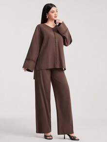 Veilorie Women's Contrast Lace V-Neck Drop Shoulder Long Sleeve Shirt And Pants Casual 2-Piece Set - Brown - View 6