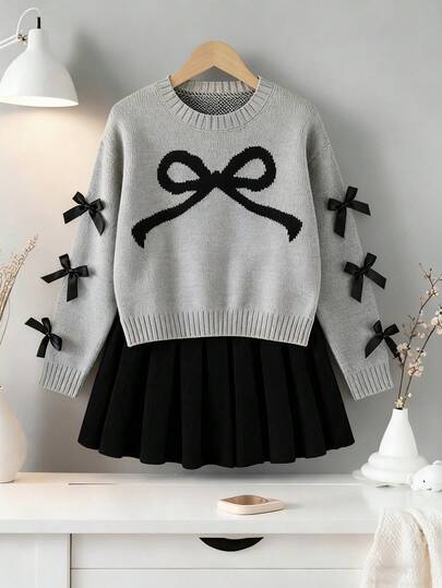 SHEIN 女童韩版甜美可爱蝴蝶结套头毛衣和百褶迷你裙套装