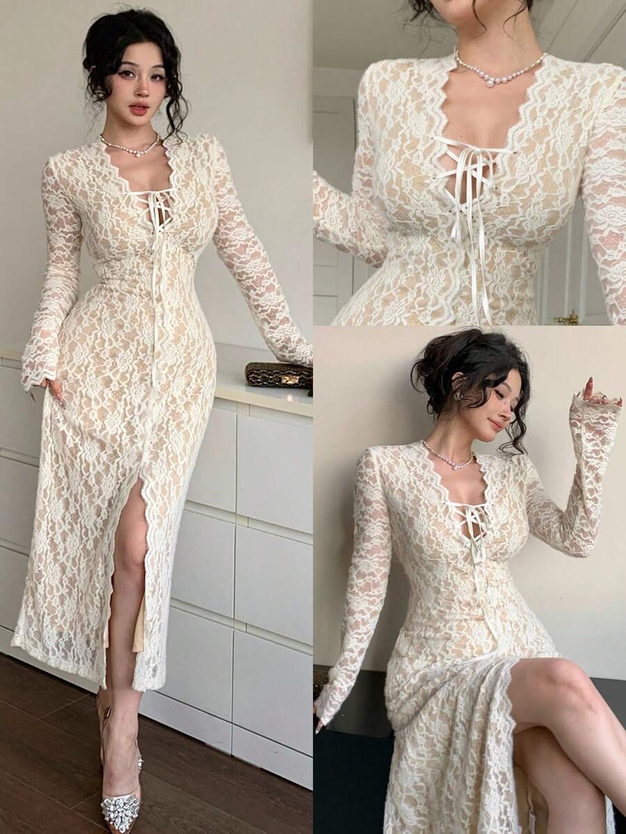 DAZY 秋冬镂空蕾丝连衣裙，优雅大方，适合新年、圣诞节、婚礼、派对、宴会等场合。时尚透视网纱高开衩修身腰部抽绳系带中长连衣裙，尽显女性魅力。 - 米色 - 查看 1