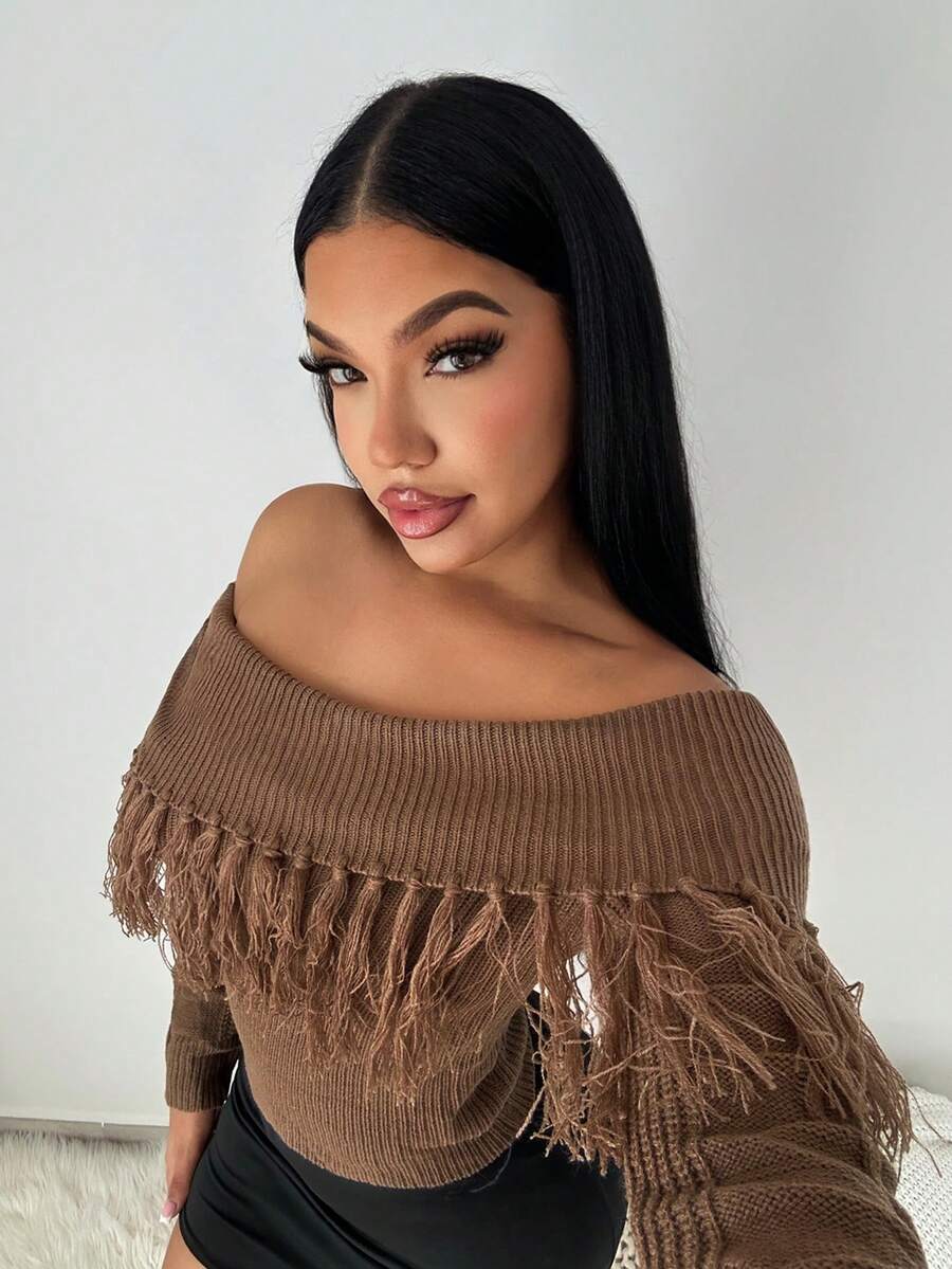 SHEIN SXY Women's Solid Color Minimalist Off Shoulder Fringe Long Sleeve Casual Sweater Brown - Coffee Brown - View 1