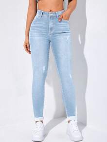 Flexra Spring High Waist Slant Pocket Ripped Skinny Jeans - Light Wash - View 3