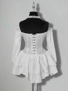 SHEIN ICON 女士露肩长袖花卉提花连衣裙，荷叶边下摆和腰部拼接设计 - 白色 - 查看 2