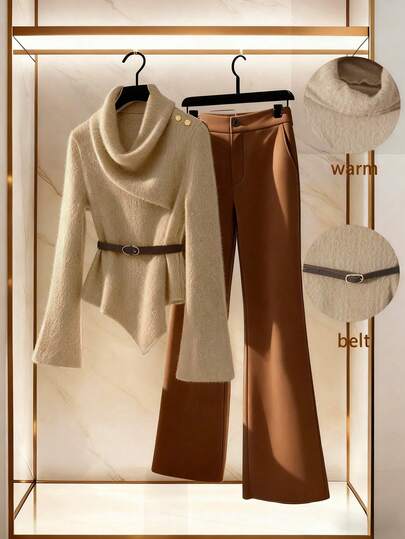 Franclia Women's Elegant 2 Pieces Set: High Collar Top With Belt Decor & Flare Pants