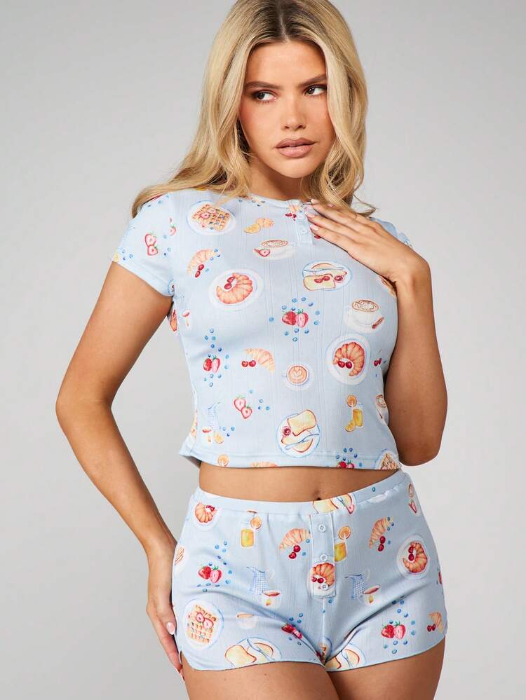 MISSGUIDED Short Sleeve Crop Top With Breakfast Print