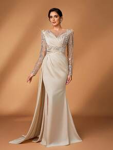 Serin Váy đuôi cá tay dài thanh lịch, đính cườm và sequin, họa tiết hoa, xẻ tà bên hông, phù hợp làm váy dạ hội cho mẹ cô dâu - Rượu sâm banh - Xem 4