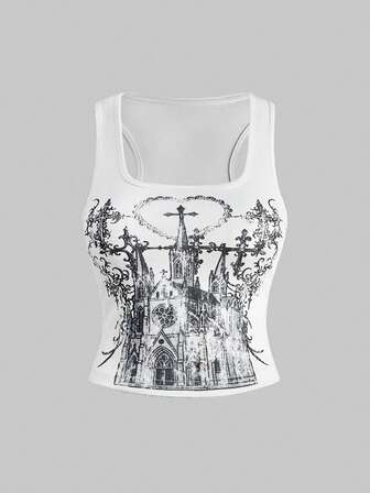 Goth Camiseta de tirantes con estampado vintage desgastado de castillo gótico oscuro