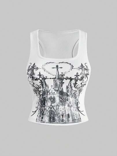 Dark Gothic Castle Cross Vintage Distressed Print Tank Top