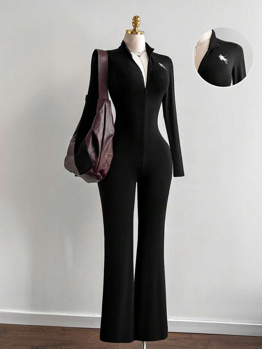 Elamini Women's Black Stand Collar Jumpsuit With Logo, Elastic Fitted Slimming Design, Front Zipper, Elegant & Sexy European Style - Black - View 1