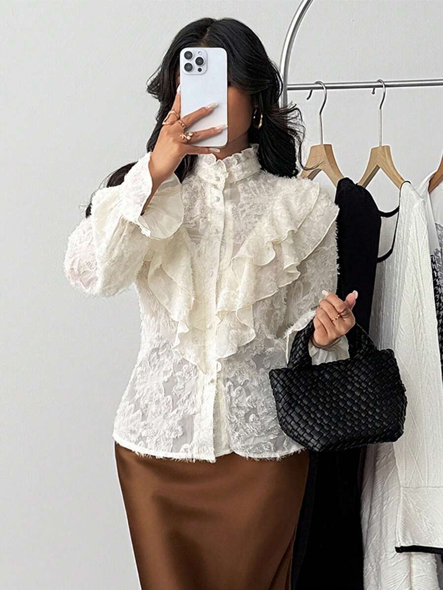 Teen Girl Loose Casual Elegant Frilled Trim Puff Sleeve Button-Up Shirt, Comfortable Daily & School , Long Sleeve Tops White Ruffle White Blouse, Lace Ruffle Top Ruffle Shirt, Ruffle Blouse, Long Sleeve Ruffle Shirt - White - View 1