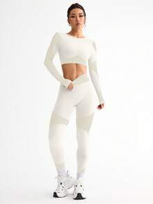 Easithlete 1 Set Women's Fitness Outfit With Long Sleeve Crisscross Strap Tank Top And Pants Workout Sets - Beige - View 4