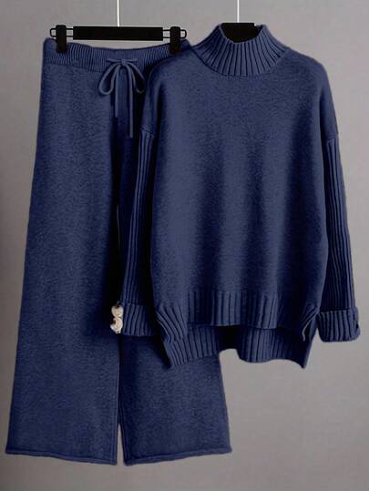 Franclia 2pcs/Set Women Solid Color Mock Neck Long Sleeve Top And Pants Casual Set Knitwear Setsweater Setsweater Setstwo Piece Sweater Setsweater Pants Set Fall Winter Cloth For Women