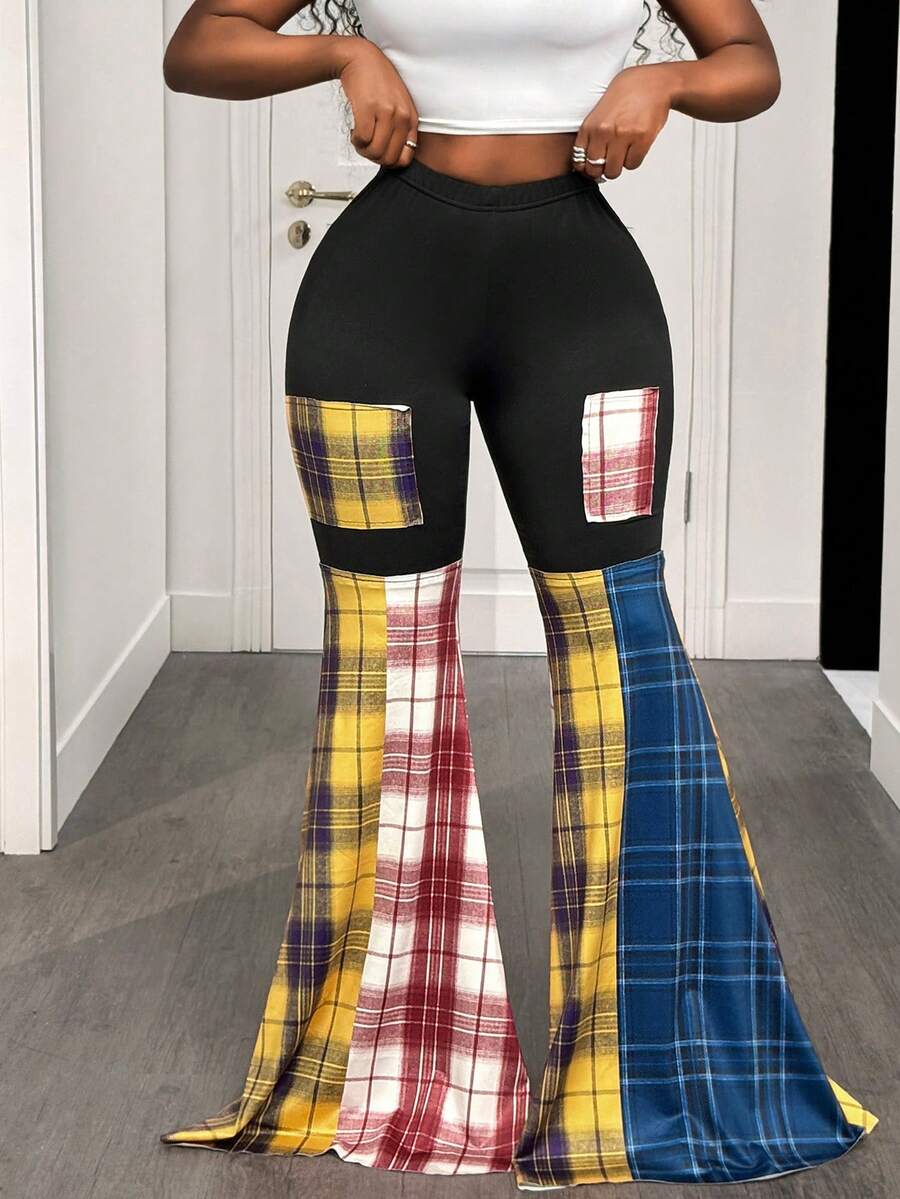 BamGleam Pantalones de moda para mujer con contraste de color y parches - Multicolor - Ver 1