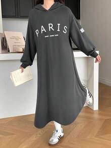 少女针织纯灰色英文印花连帽宽松长袖连衣裙