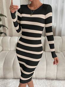 Chiquease 女士条纹圆领长袖休闲针织修身连衣裙 - 黑色 - 查看 3
