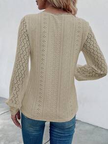 EMERY ROSE Casual Solid Color Lace Patchwork Long Sleeve T-Shirt, Autumn - Apricot - View 2
