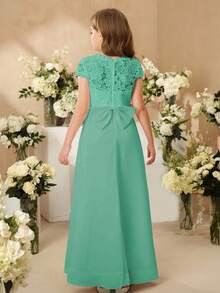 SHEIN 女童花童优雅高端蕾丝拼接光泽缎灯笼袖长裙，婚礼宴会生日派对表演