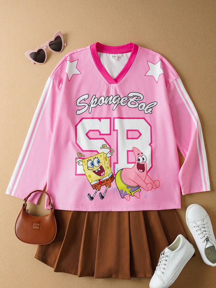 SpongeBob SquarePants | SHEIN Tween Girl Cute Cartoon Pattern V-Neck Long Sleeve T-Shirt, Pink - Multicolor - View 1