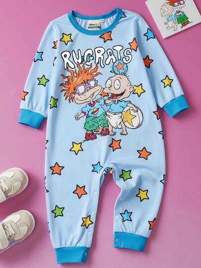 Nick 90s | SHEIN Baby Boy Cartoon Cute Little Boy & Colorful Star Print Blue & White Contrast Long Sleeve Jumpsuit, Suitable For Autumn/Winter