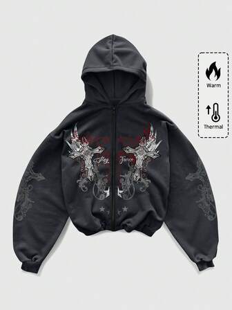 Goth Felpa con cappuccio in pile con chiusura lampo, stile casual e punk di strada, con stampa di lettere e ali a croce, calda per l'autunno/inverno