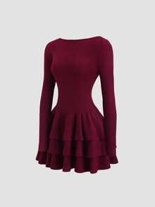 Sweetra Y2K New Lace Patchwork Oblique Shoulder Elegant Commuter Everyday Wear Waist Cinched Ruffle Hem Mini Dress - Burgundy - View 7