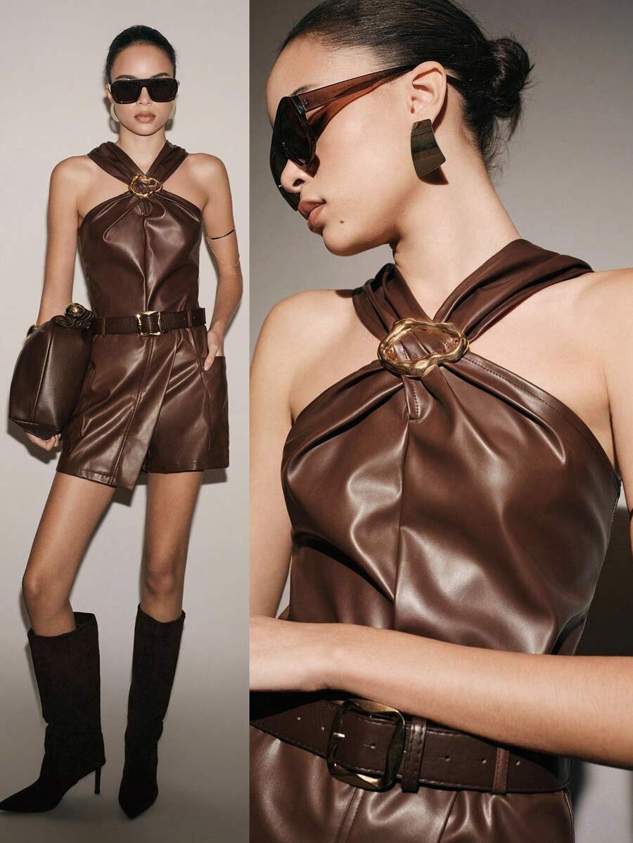 Lumivelle 时尚现代女士纯色百搭无袖褶皱修身短款上衣，复古收腰褶皱领口贴身小码上衣，性感奢华PU吊带背心，Design Sense Pure性感露背无袖上衣，Design Sense颈带吊带独特无袖上衣，复古高端PU皮革领口贴身多层吊带背心 - 鏽棕色 - 查看 1