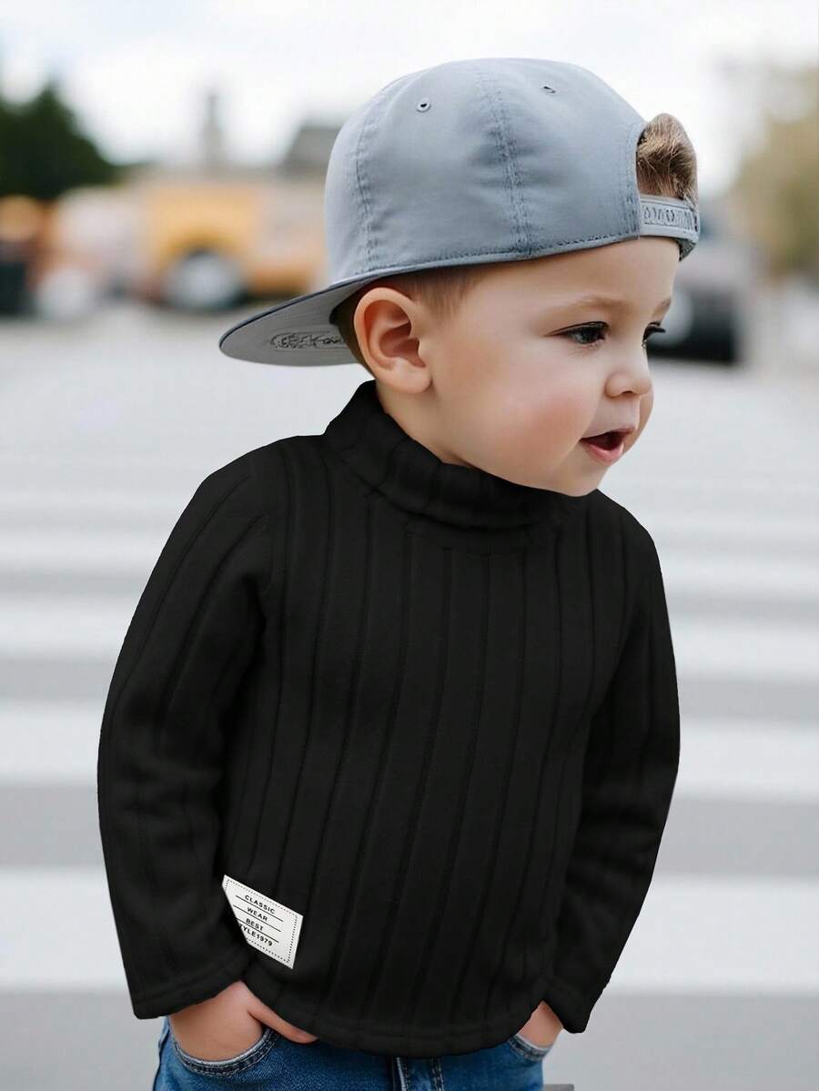 Baby Boy/Girl Basic High Neck High Elasticity Ribbed Brushed Thermal Fitted Long Sleeve Top, Suitable For Winter Layering - Black - View 1