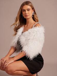 Enchnt Manteau court en fourrure blanc de luxe romantique pour femmes en automne-hiver, chic, élégant et pour les fêtes, les rendez-vous, les vacances, la remise des diplômes, les invités de mariage, le bureau, la sortie, Halloween, Noël, la rentrée scolaire, manteaux d'automne pour femmes, Nouvel An pour femmes - Blanc - Voir 4