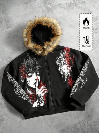 Anime Herren Grafik-Muster Thermofutter Flauschiger Kragen Reißverschluss Hoodie Sweatshirt, Langarm Oberteil