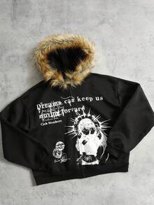 ROMWE MEN Men's Fleece Collar Anime Printed Hooded Cardigan, Loose Fit - Black - View 3